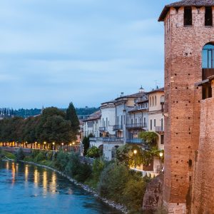 waterfront of Adige river in Verona in evening